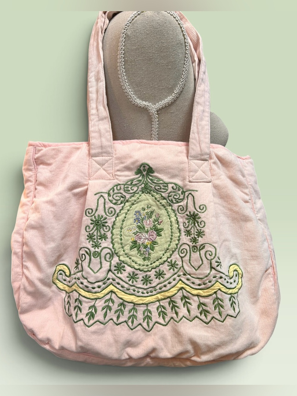 April Cornell Vintage Corduroy Tote Bag Pink Embroidered Boho Cottagecore